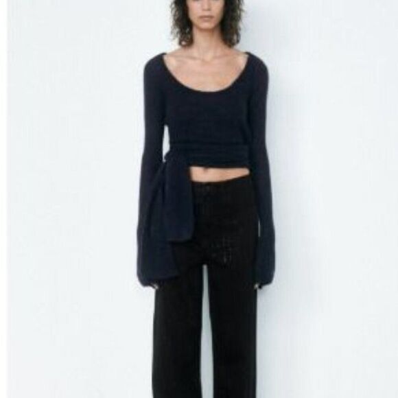 Zara Womens Sweater Wool Alpaca Sccop neck Side tie Knot M Black 5755/122 NWd - Picture 1 of 12